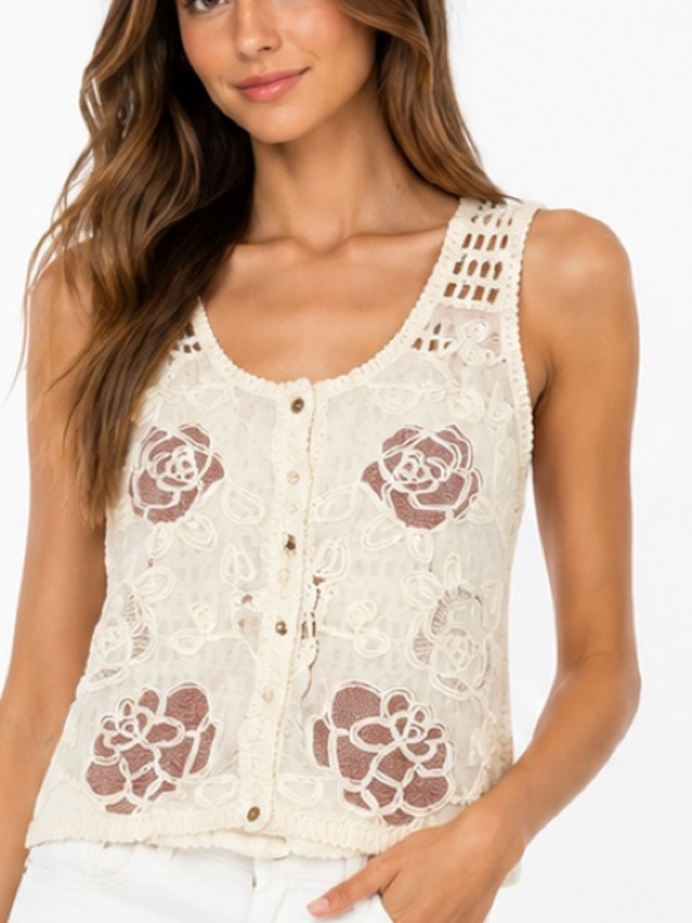 11.New Cream Crochet Lace Button-Front Tank with Rose embroidered